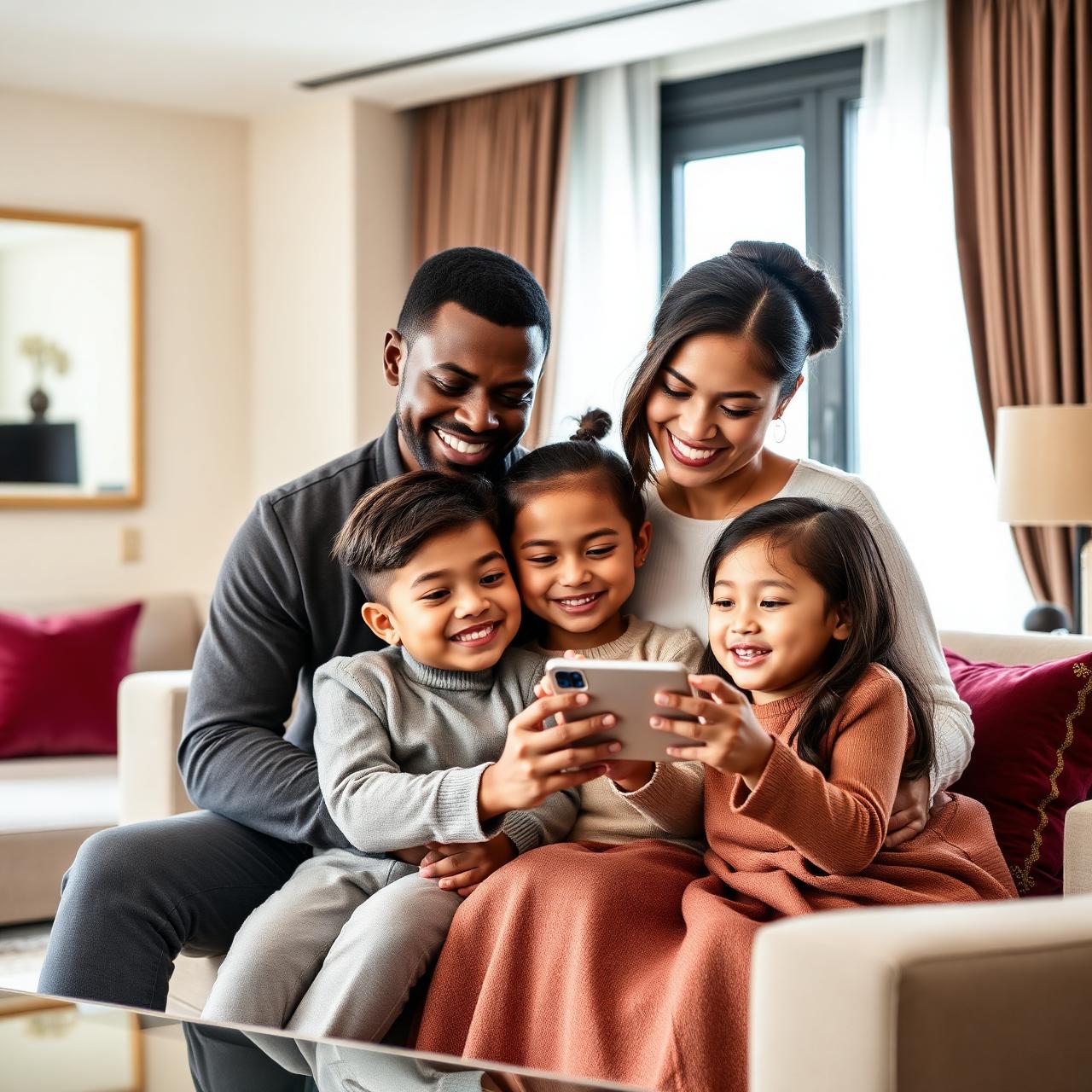 A diverse family using a smartphone to bank together in a bright modern home
