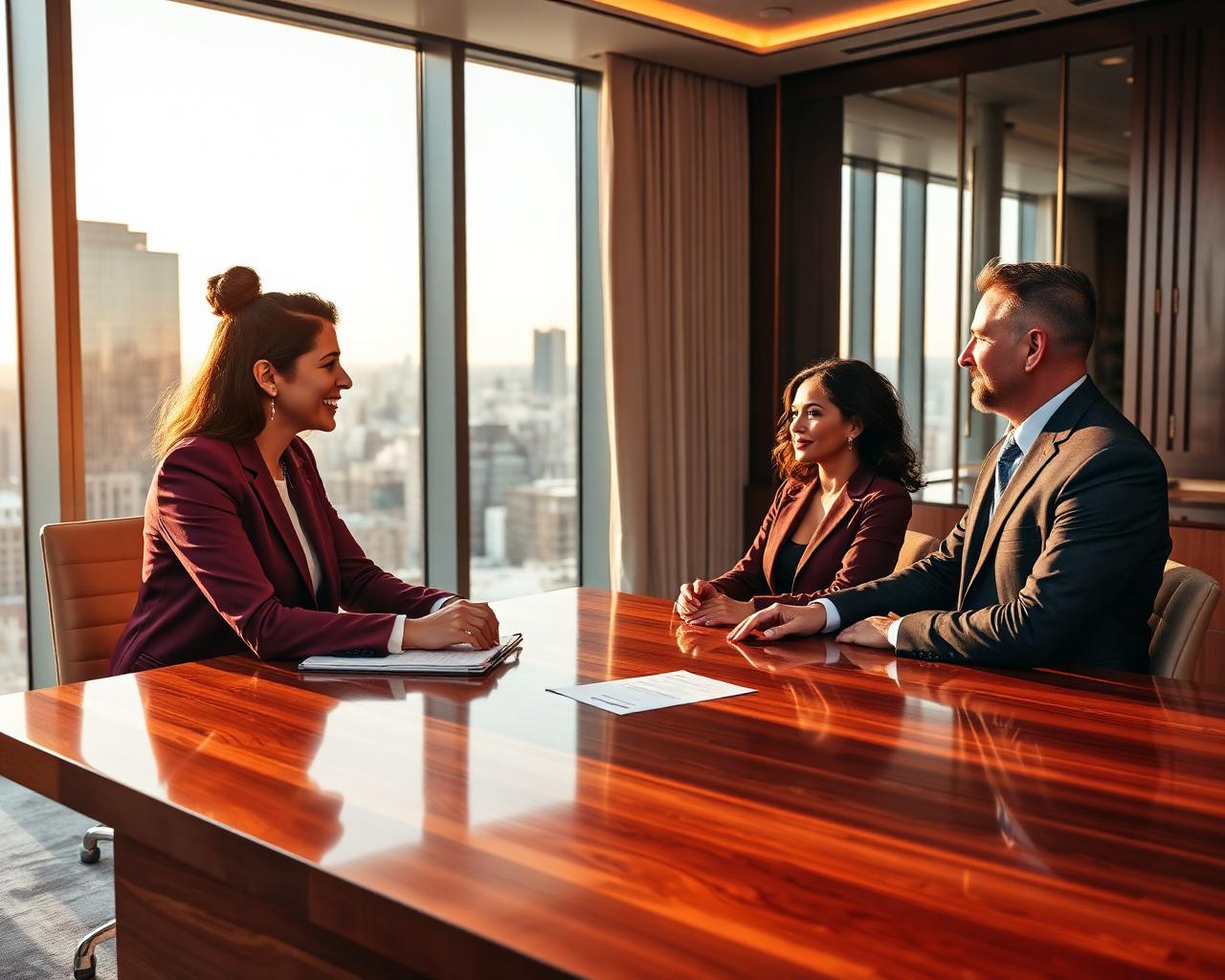 A financial advisor meeting with a couple in a modern bank office
